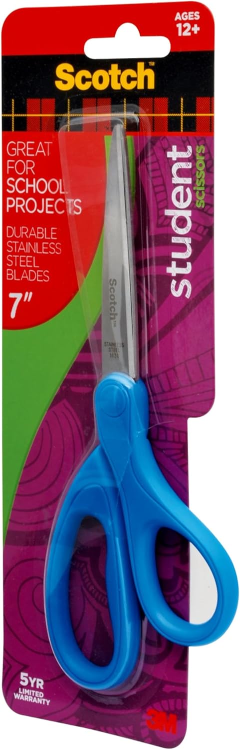 Scotch 7-Inch Student Scissors, Blue, Green, and Purple, Colors Vary, 6-Pack...