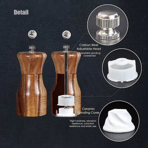 Acacia Wood Salt and Pepper Grinder Set, Manual Pepper mill, Refillable, Adjustable Coarseness Ceramic Rotor, with Wooden Stand Holder Tray...