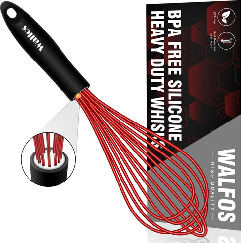 Walfos Silicone Whisk,12 inch Red Whisk,Whisks for Cooking Non-Scratch Coated Kitchen Whisks.Perfect for Blending, Whisking, Beating, Frothing & S...