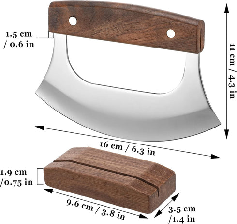 Hanaive 2 Set Pizza Cutter Mezzaluna Ulu Knife with Base Salad Veggies Chopper Slicer Cutter Mezzaluna Knife Cleaver Chopping Salad Chopper Stainl...