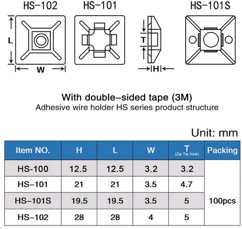 XHF 200 PCS 1/2" Black Self Adhesive Cable Zip Tie Mounts Wire Cable Clips Holders Management Anchors Organizer Holders Squares(HS-100)...