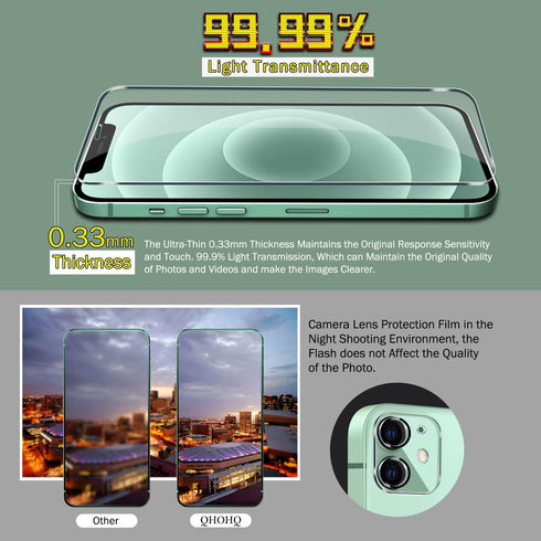 QHOHQ 3 Pack Screen Protector for iPhone 12 6.1 Inch with 2 Pack Tempered Glass Camera Lens Protector, Ultra HD, 9H Hardness, Scratch Resistant, E...