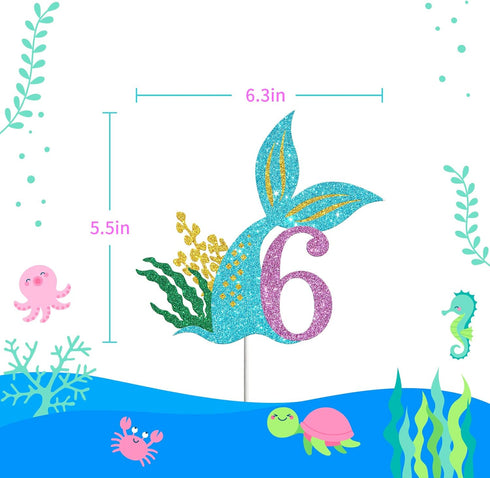 Mermaid Six Cake Topper, Happy 6th Birthday Cake Decor, I'm Six Sign, Little Mermaid Birthday Party Decoration Supplies, Daughter of the Sea, Unde...