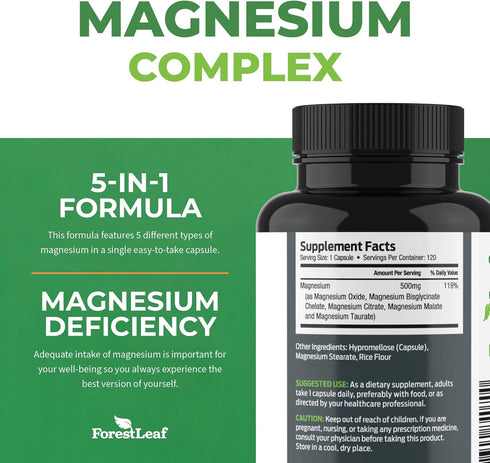 ForestLeaf Magnesium Complex 500mg - Magnesium 500mg Capsules - Magnesium Supplement 500 mg - Magnesium for Sleep, Magnesium for Constipation - Ma...