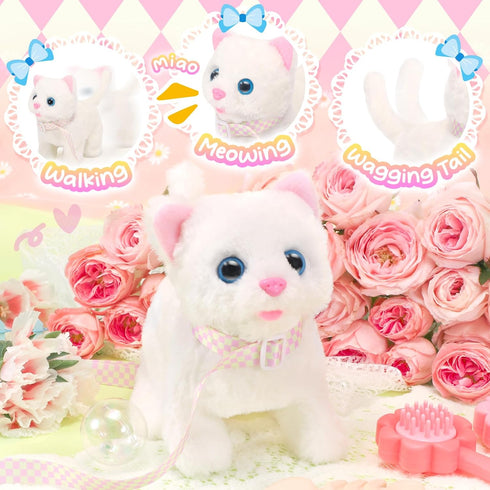 Tagitary Plush Toys Electronic Toy Cat That Walking and Meowing,Tail Wagging Interactive Toy Cat for Kids with Leash,Easter Christmas Birthday Gif...