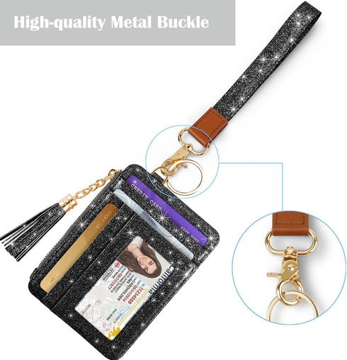 Slim Zipper Credit Card Holder with Keychain Wristlet Small RFID Glitter Leather Wallet with ID Window for Women,Black...