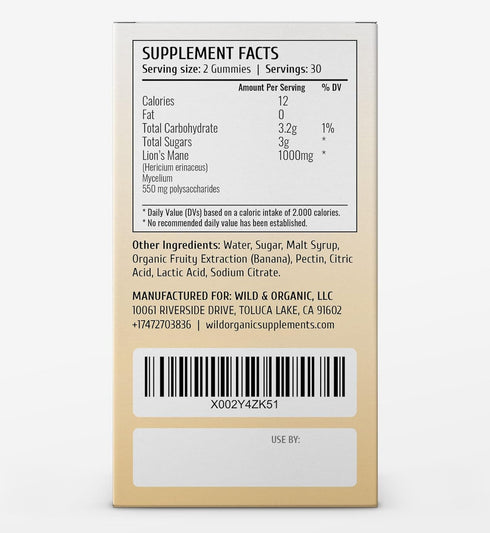 Wild & Organic Lion's Mane Gummies 1000mg - Natural, Vegan Hericium Erinaceus Mushroom Supplement - Brain Health, Focus, Immune, Antioxidant Suppo...