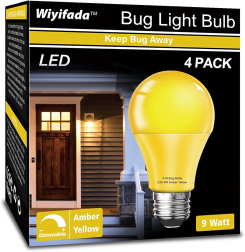 LED Bug Light Bulbs Outdoor 4 Pack,Dimmable 9W Amber Yellow Bug Light Bulbs Replace up to 60W, A19 Bug Lights for Outside, Bedroom, Hallway Porch ...