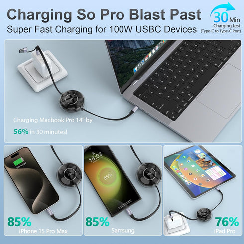 100W Retractable USB C Cable, USB A/USB C to USB C PD 5A Fast Charging Cord with Data Transfer, 100W USB C Retractable Phone Charger for iPhone 15...
