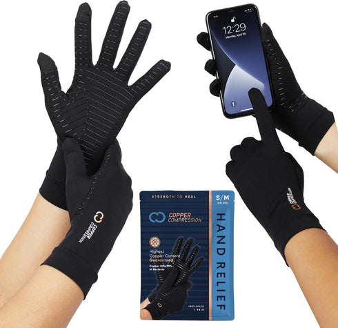 Copper Compression Full Finger Arthritis Gloves - Palm Grips - Touch Screen Fingertips - Compression Support for Carpal Tunnel, Pain Relief, Tendo...