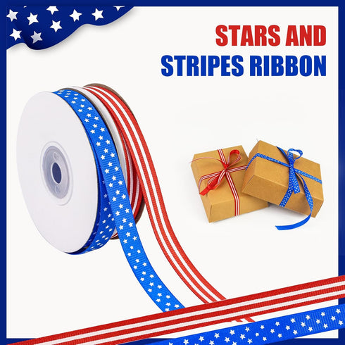2 Rolls 50 Yards Patriotic Grosgrain Ribbon 3/8 Inch, Red White and Blue Ribbon Stars and Stripes Ribbon for Gift Wrapping Memorial Day 4th of Jul...