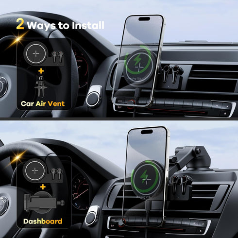for Magsafe Car Mount Charger & Bluetooth Earbud, 15W Magnetic Wireless Car Charger for Dash Air Vent - Hands Free Car Mount Fast Car Charger for ...