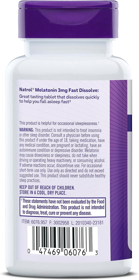 Natrol Melatonin 3mg, Strawberry-Flavored Dietary Supplement for Restful Sleep, 90 Fast-Dissolve Tablets, 90 Day Supply...