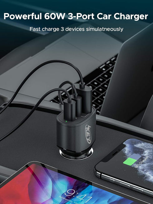 USB C Car Charger 60W Key Power Fast Car Charge USB-C Car Charger Adapter - Dual USB-C and USB-A Ports with 30W & 22.5W Compatible with iPhone 12/...