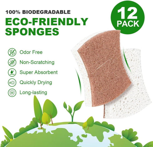 HOMEXCEL Natural Scrub Sponges Kitchen 12 Pack, Non-Scratch Cleaning Sponges for Dishes, Cellulose Sponges Safe on Non-Stick Cookware, Dual Sided ...