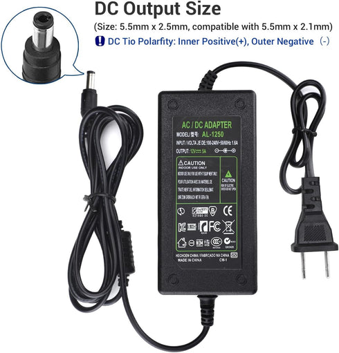 DC 12V 5A Power Supply Adapter, US Plug, 4.6FT Power Cord, AC 100-240V to DC 12V 5A Switching Transformer Jack 5.5mm x 2.5mm for LED Strip, Light,...