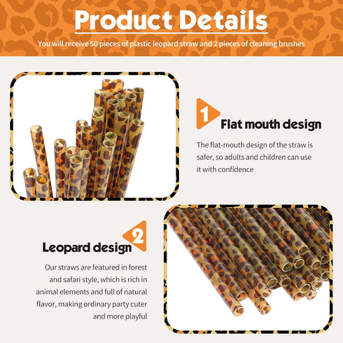 Leopard Straws Bulk Reusable Plastic Cheetah Animal Straws and Cleaning Brush for Women Tumblers Drinking Safari Wild Birthday Party Favors(Classi...