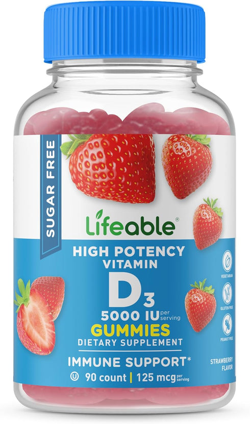 Lifeable Sugar Free Vitamin D 5000 IU - Great Tasting Natural Flavor Gummy Supplement - Gluten Free Vegetarian GMO-Free Chewable - for Immune Supp...