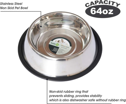 ICONIC PET 64 oz/ 8 Cup Stainless Steel Non Skid Pet Food/Water Bowl with Rubber Ring - Rust Free, Dog/Cat Feeding Bowl is Dishwasher Safe, Noise ...