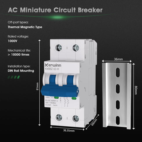 Miniature Circuit Breaker 1000V DC Circuit Breaker 2 Pole 16Amp Smart Circuit Breaker,DC Disconnect Switch DIN Rail Mount for Marine Power Systems...