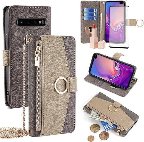 Asuwish Phone Case for Samsung Galaxy S10 Plus Wallet Cover with Screen Protector and Mirror Flip Cover Ring Card Holder Crossbody Strap Stand Cel...