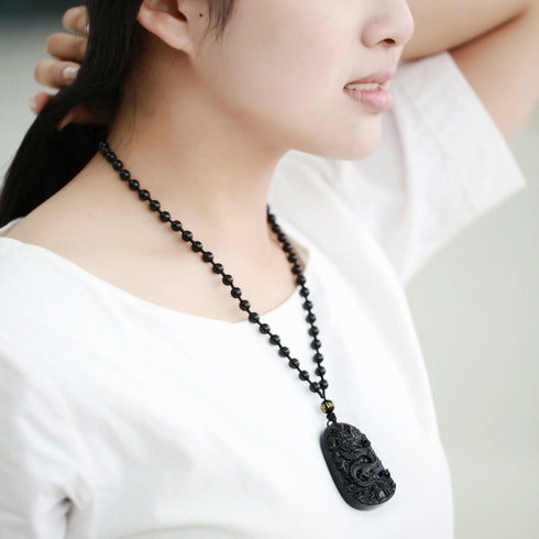 Natural Black Elegant Obsidian Carved Dragon Chakra Pendant Necklace Beads Chain for Lucky (gift box include)...