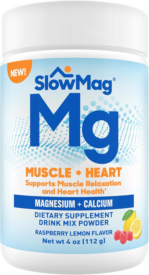 SlowMag® Muscle + Heart, Magnesium & Calcium Supplement, Raspberry Lemon Flavor Drink Mix Powder, 4 oz...