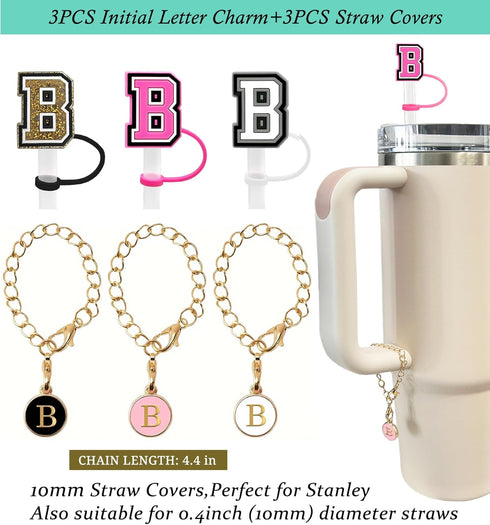?3 +3) 3PCS Nuozme Straw Cover 10mm For Stanley Tumbler Cup Reusable Straw Cap Topper with 3 Initial Letter Charms Accessories Name ID Personalize...