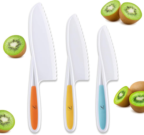 3PCS Toddler Knife Set, Plastic Kids Knife Set for Real Cooking, Round Tips with Serrated Edges, Perfectly Safe Kids Knife Set (Orange, Blue, Gree...