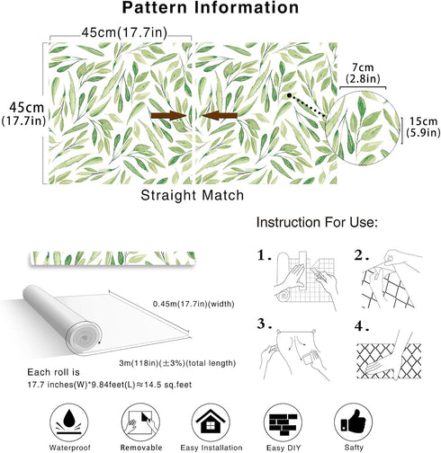 HAOKHOME 93199-2 Boho Peel and Stick Wallpaper Green Branches Leaves Removable Vinyl Self Adhesive Contact Paper 17.7in x 9.8ft...
