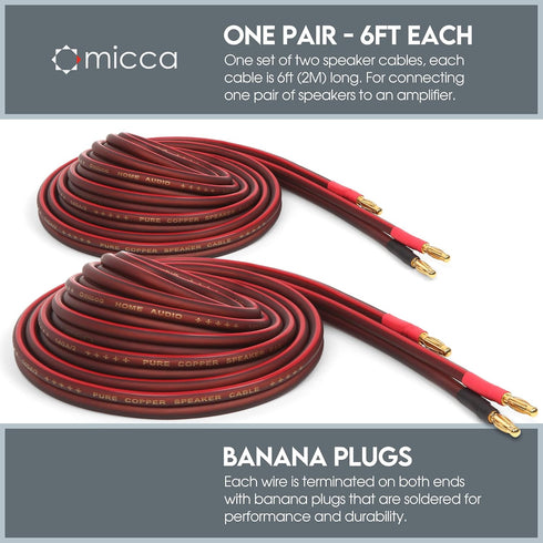 Micca 14 Gauge Pure Copper Speaker Wire, 6 Feet 2 Pack, Gold Plated Banana Plugs, Soldered Construction, Slim Design, 245 Strands, for Stereo or H...