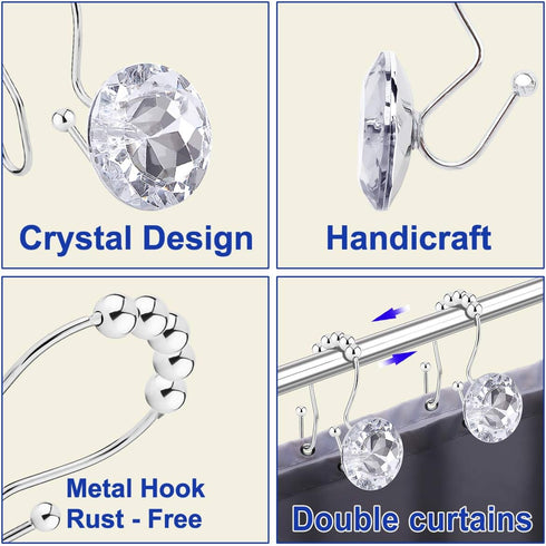 Shower Curtain Hooks Rings for Bathroom, 12PCS Double Hooks Glide Anti Rust Crystal Rhinestones Shower Curtain Rings Hangers for Shower Curtains, ...
