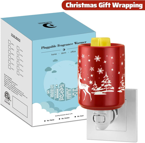 STAR MOON Pluggable Fragrance Ceramic Wax Melt Night Light Warmer for Christmas Decoration No fire Hazard Packed with Two Bulbs - Abrasive Red Rei...