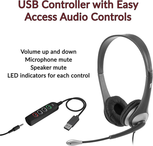 Cyber Acoustics Stereo Wired Headset (AC-204USB) – Quality Sound for Calls, USB or 3.5mm Connection, USB Control Module, Perfect for Call Center, ...