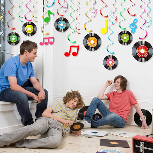 Sumind 30 Pcs 1950's Rock and Roll Music Party Sock Hop Decorations Vinyl Record Note Cutout Wall Decor Sign with Hanging Swirls Ceiling Decor for...