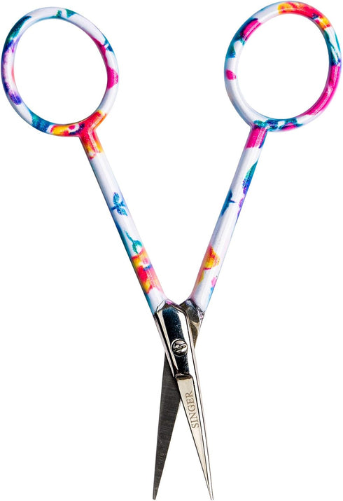 SINGER 4 Inch Forged Embroidery Scissors with Curved Tip for Sewing, Cross-Stiching, Crafts, & More (White Floral Printed, 1-Pack)...