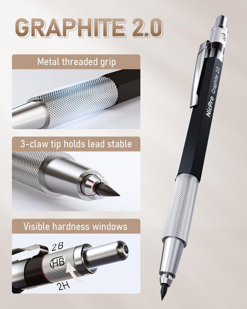 Nicpro 35PCS Art Mechanical Pencil Set, 3 PCS Metal Drafting Pencil 0.5 mm & 0.7 mm & 0.9 mm & 3 PCS 2mm Lead Holder (6B 4B 2B HB 2H 4H Colors) Fo...