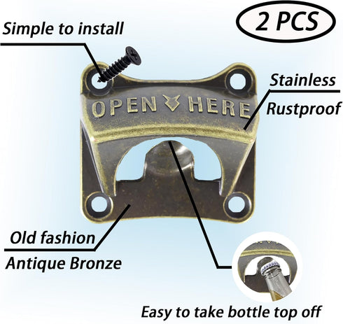 Wall Mounted Bottle Opener Rustproof, Square Old Style Beer Bottle Opener Mountable, Antique Bronze Stationary Beer Cap Opener Mounted Outdoor (Pa...