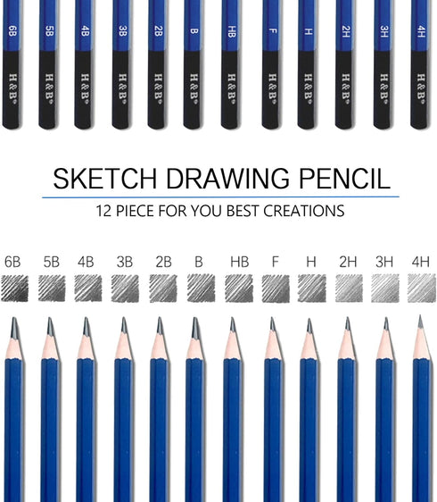 H & B 12 PCS Pencil Drawing Kit, H-4H, F, HB, B-6B Graphite and Charcoal Sketch Pencil Set for Beginners, Professional Artists...