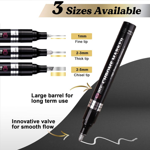 LET'S RESIN 6Pcs Mirror Chrome Markers,3 Sizes Shiny Chrome Paint Pen with Large Barrel, Quick Dry Oil-based Silver & Gold Markers for Metal, Resi...