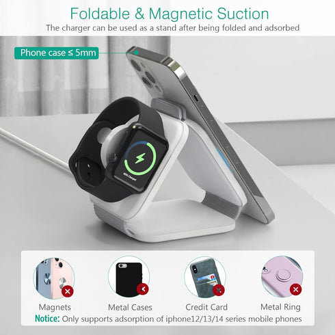 ORIA 3 in 1 Foldable Wireless Charger, Fast Wireless Charging Pad with Charging Indicator Light, Foldable Charging Station for iOS, i Watch, Air P...