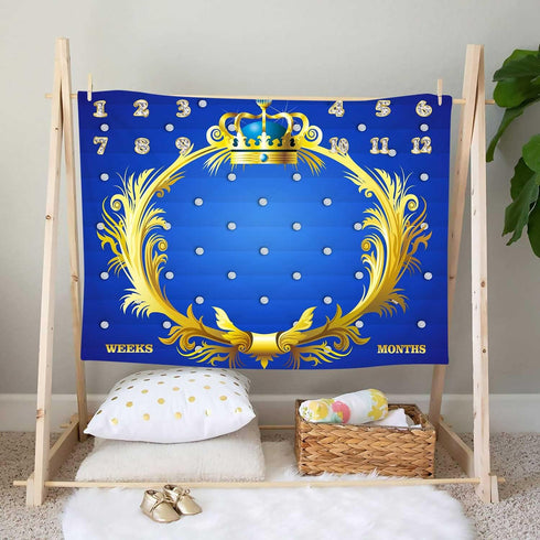 Royal Blue Gold Theme Baby Monthly Milestone Blanket Royal Blue Crown Prince or Princess Newborn Photo Background Mom Gift Baby Party Decor New Ba...