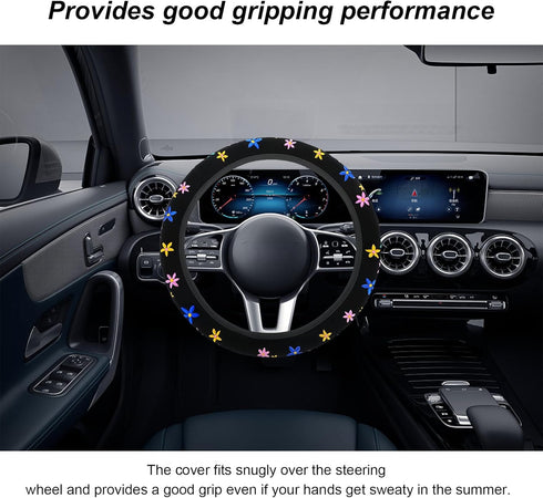 Cute Flower Floral Steering Wheel Cover, Embroidery Cute Flower Car Accessories Set with 2 Air Vent Clip Flowers, Universal Auto Interior Decor fo...
