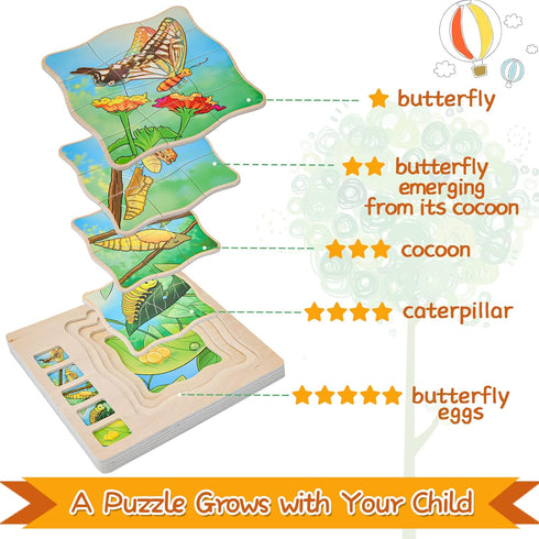 Wooden Puzzles for Kids Ages 4-8, 5 Layers Life Cycle of a Butterfly Montessori Jigsaw Puzzle for Kids, Children Preschool Learning Educational Pu...