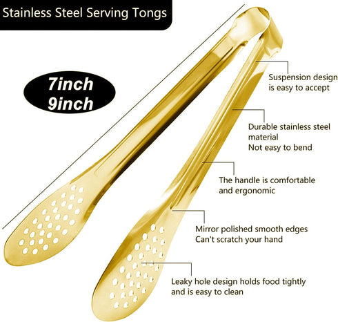 4 Pack Buffet Tongs,Stainless Steel Serving Tongs Serving Utensils Gold(7Inch,9.1Inch)...