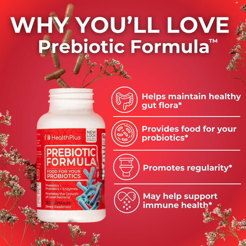 Health Plus Prebiotic Formula - Probiotics + Prebiotics + Digestive Enzymes - Gluten Free, Dairy Free, Natural Herbal Ingredients (180 Capsules, 6...