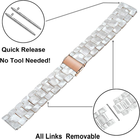 TRUMiRR for Vivomove HR/Vivoactive 6 5 3 Women Watchband, Pearl Resin Watch Band Rose Gold Stainless Steel Buckle Strap for Garmin Venu Sq 2 / Viv...