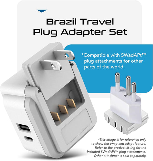 Ceptics Brazil Power Plug Adapter Travel Set, 20W PD & QC, Safe Dual USB & USB-C 3.1A - 2 USA Socket - Compact & Powerful - Also Use in Peru, Chil...