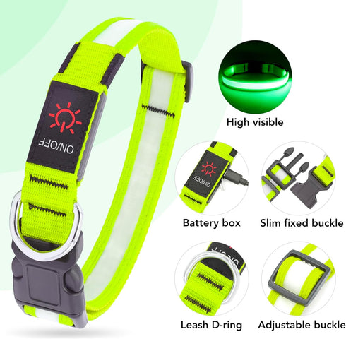 LED Dog Collar, Light Up Dog Collar Adjustable USB Rechargeable Super Bright Safety Light Glowing Collars for Dogs(Medium,Green)...