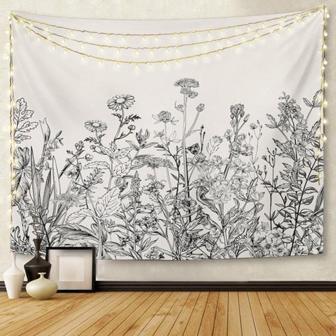 Emvency Tapestry Floral Border Herbs and Wild Flowers Botanical Engraving Style Black and White Home Decor Wall Hanging 50" x 60" Inches Print for...